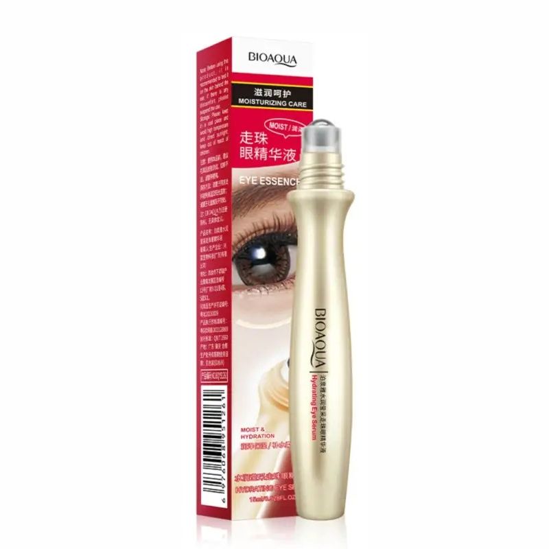 A BIOAQUA eye roll-on essence bottle with its packaging, designed for removing dark circles under the eyes.