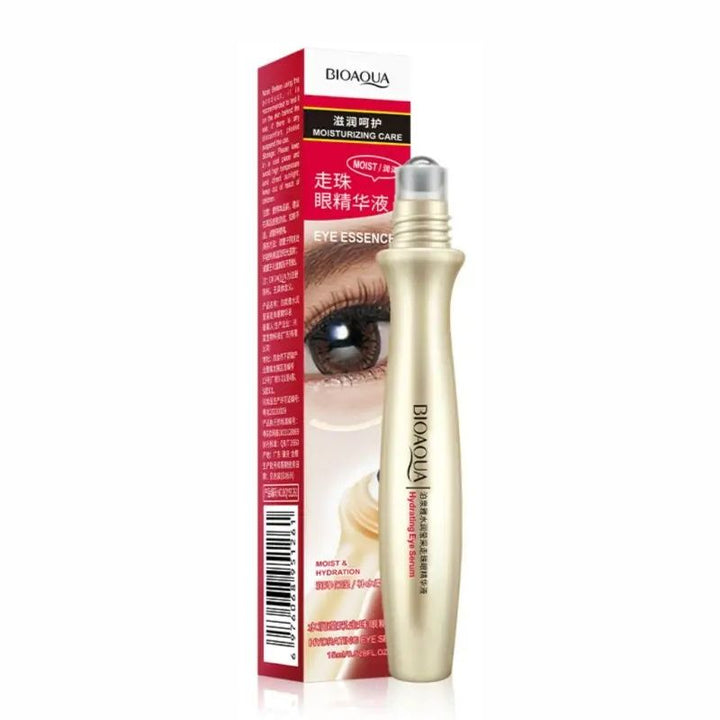 A BIOAQUA eye roll-on essence bottle with its packaging, designed for removing dark circles under the eyes.