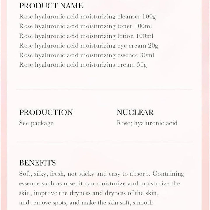 Product line for rose hyaluronic acid skincare with details on names, production, and benefits.