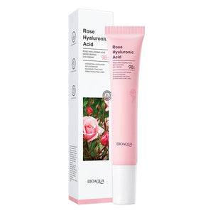 Bioaqua Rose Hyaluronic Acid Moisturizing Eye Cream packaging and tube, with an image of pink roses in the background.