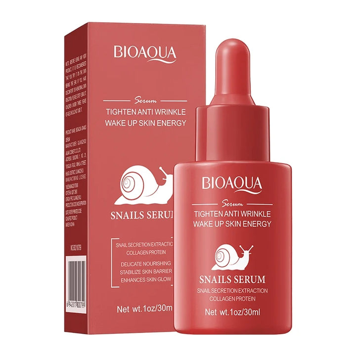 A bottle of BIOAQUA Snails Serum with a red label and a dropper, next to its packaging box which has text and an image of snails.