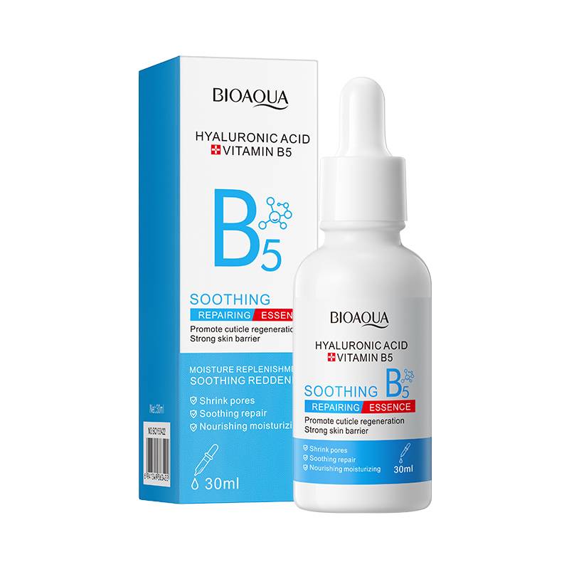 BIOAQUA Hyaluronic Acid Vitamin B5 Soothing Repair Face Serum packaging and bottle, indicating the product is for skin revitalization, black head removal, whitening, firming, and nourishing.