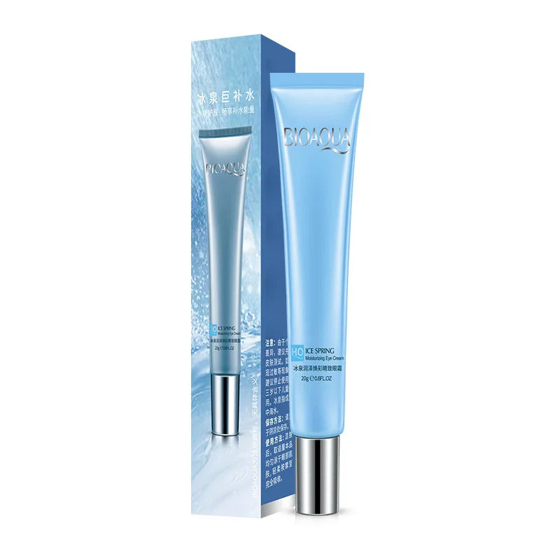BIOAQUA Dark Circle Cream packaging and the cream itself, displayed in a blue tube with a silver cap, alongside the product box which has text in both English and Chinese.