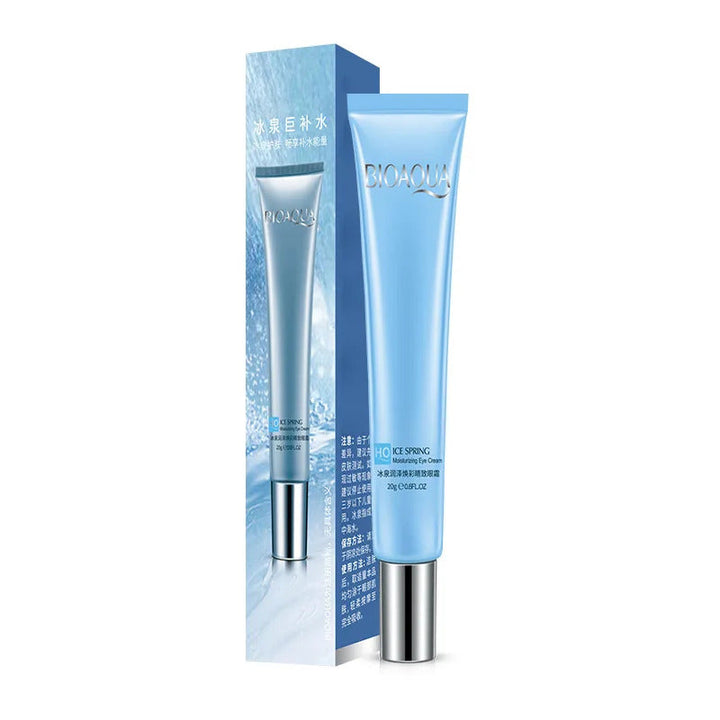 BIOAQUA Dark Circle Cream packaging and the cream itself, displayed in a blue tube with a silver cap, alongside the product box which has text in both English and Chinese.