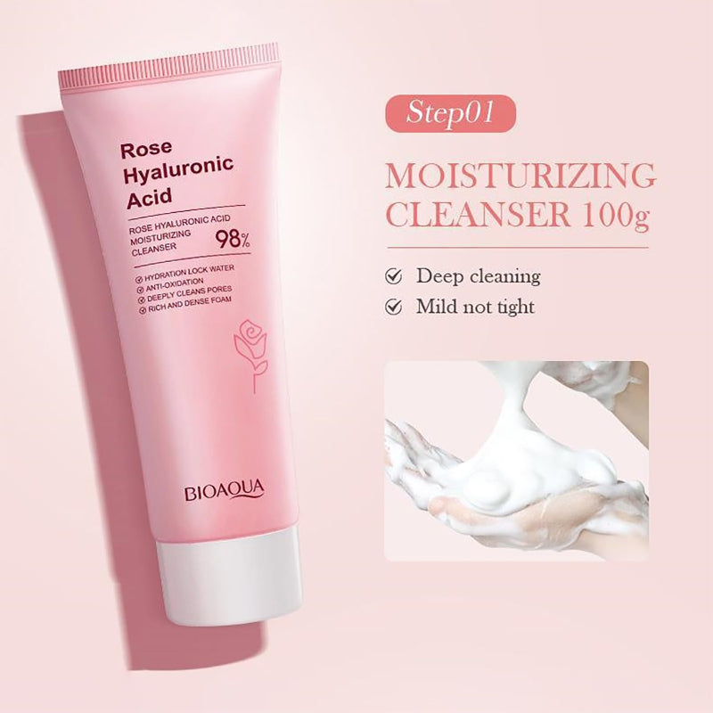 BIOAQUA Rose Hyaluronic Acid Moisturizing Cleanser on a pink background