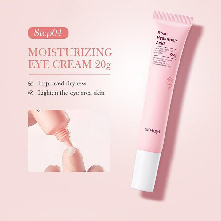 Pink moisturizing eye cream tube with text on a pink background