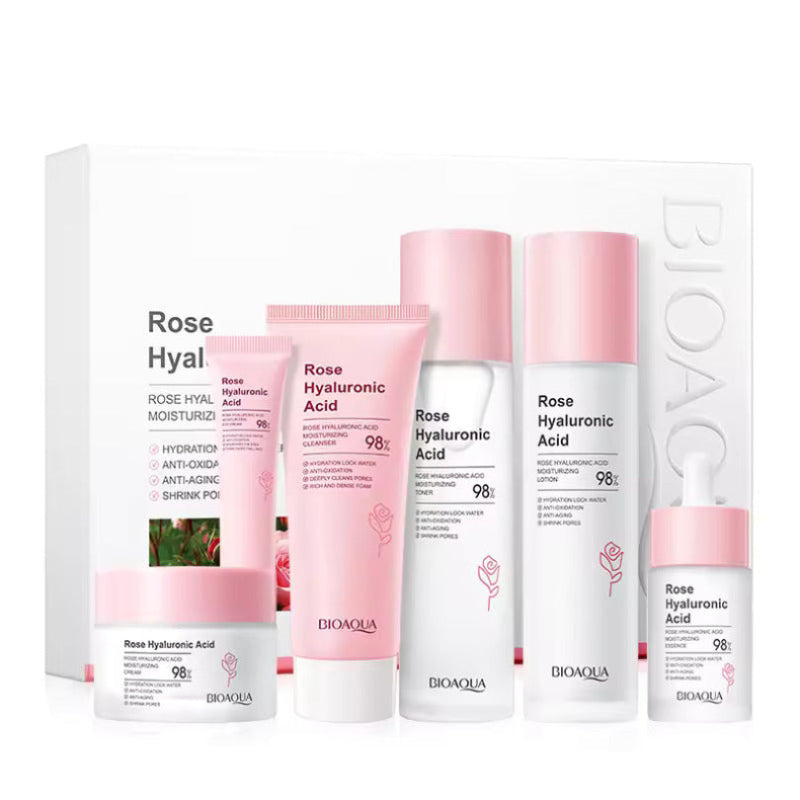 Bioaqua Rose Hyaluronic Acid skincare products on a white background