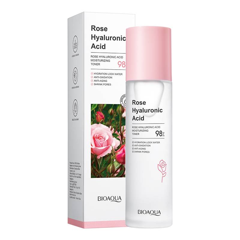 Bioaqua Rose Hyaluronic Acid Moisturizing Toner packaging and product, with a bottle featuring rose flowers and hyaluronic acid, indicating it's a skincare product.
