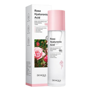 Bioaqua Rose Hyaluronic Acid Moisturizing Toner packaging and product, with a bottle featuring rose flowers and hyaluronic acid, indicating it's a skincare product.