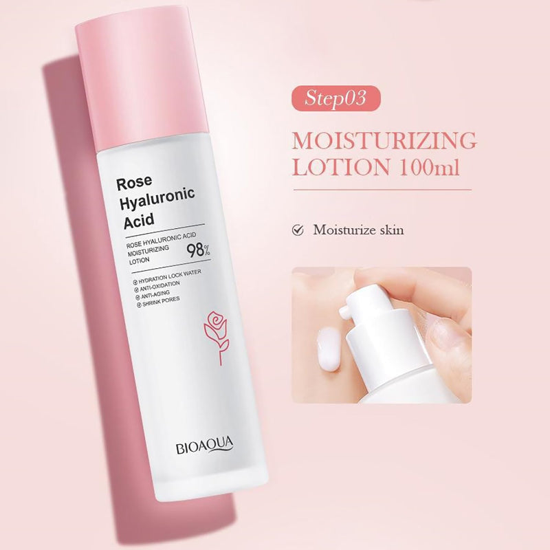 Rose Hyaluronic Acid moisturizing lotion with pink cap and white body on a pink background.