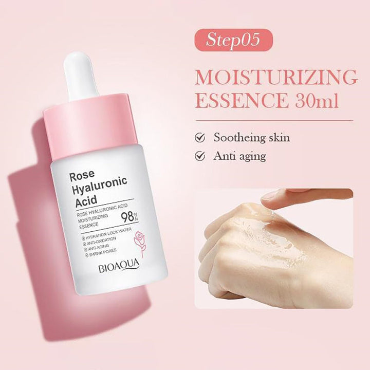 Bioaqua Rose Hyaluronic Acid moisturizing essence bottle with text on a pink background