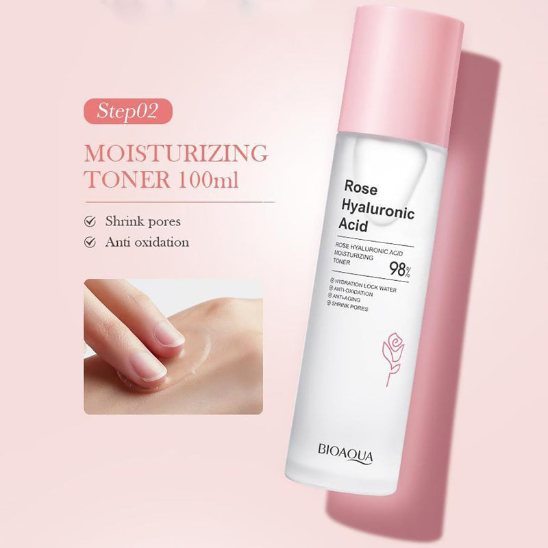 BIOAQUA Rose Hyaluronic Acid toner bottle on a pink background