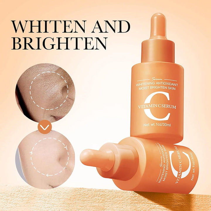 Vitamin C serum bottle with before and after skin comparison on a beige background