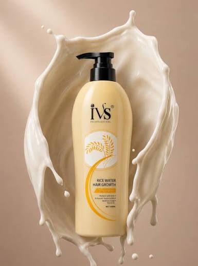 A bottle of IVS Rice Water Hair Growth shampoo centered against a beige background with a dramatic white milk splash behind it. The bottle is pale yellow with a black pump and features the IVS brand logo and rice water graphic.