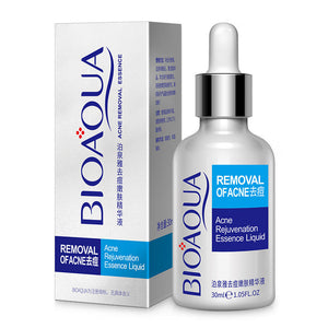 Bioaqua acne rejuvenation essence liquid bottle and box on a white background