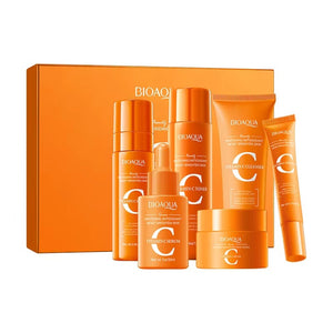 A set of Bioaqua skin care products with orange packaging, including cleanser, toner, eye cream, hydrating serum, repair lotion, and repair cream, displayed in front of an orange box with the brand name.