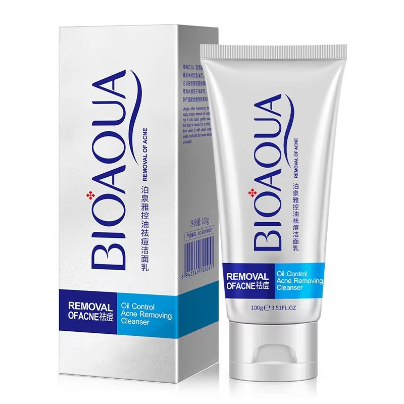 Packaging and tube of BIOAQUA Anti Acne Cleanser. The product is presented in a white tube with blue and red text, alongside a white box with similar color scheme.