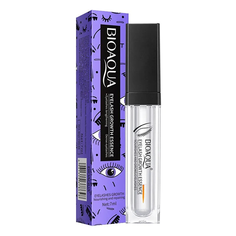 BIOAQUA Eyebrow Hair Growth Serum packaging and the serum bottle itself, with a purple and white color scheme.