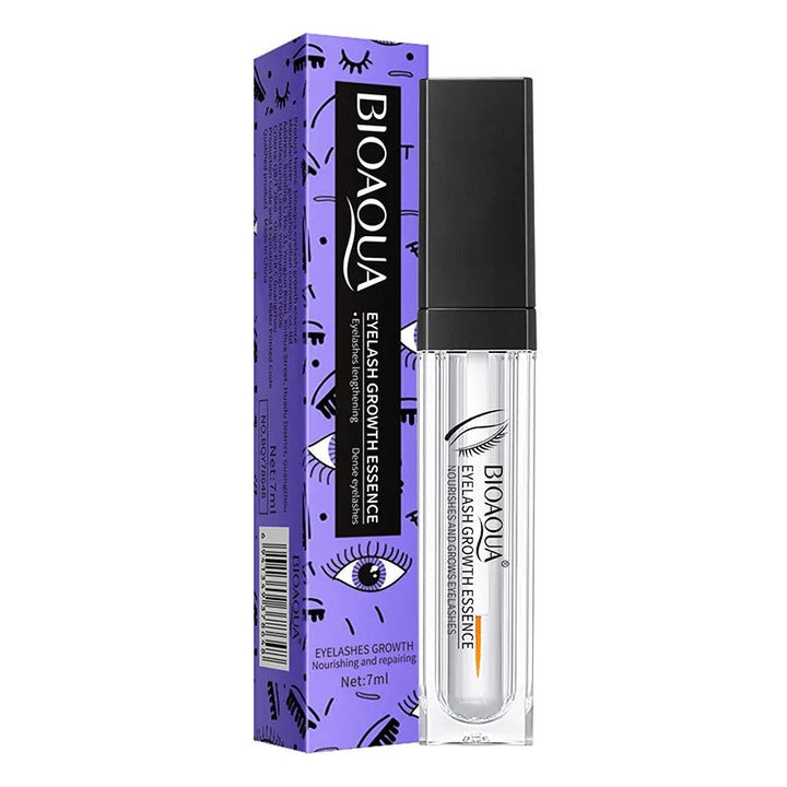 BIOAQUA Eyebrow Hair Growth Serum packaging and the serum bottle itself, with a purple and white color scheme.