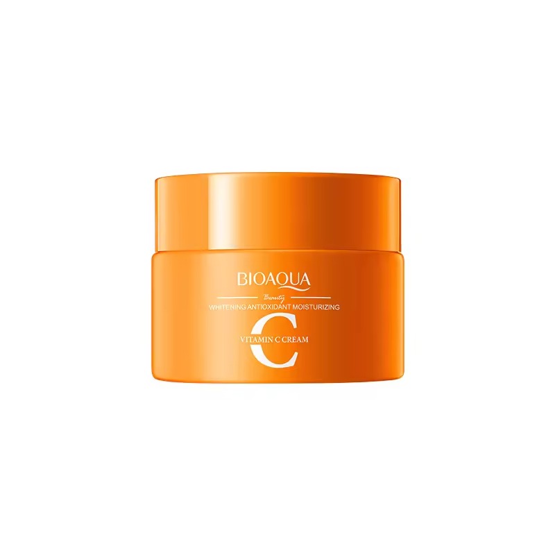 A jar of BIOAQUA Whitening Antioxidant Vitamin C Face Cream with orange packaging.