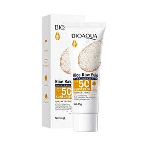 Bioaqua Spf50+ PA+++ Rice Raw Pulp Sunscreen in a tube packaging with 40g visible product amount.