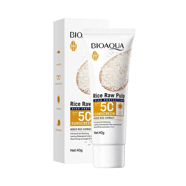Bioaqua Spf50+ PA+++ Rice Raw Pulp Sunscreen in a tube packaging with 40g visible product amount.