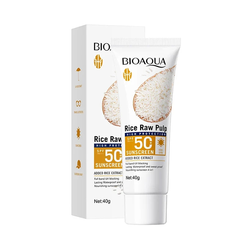 Bioaqua Spf50+ PA+++ Rice Raw Pulp Sunscreen in a tube packaging with 40g visible product amount.