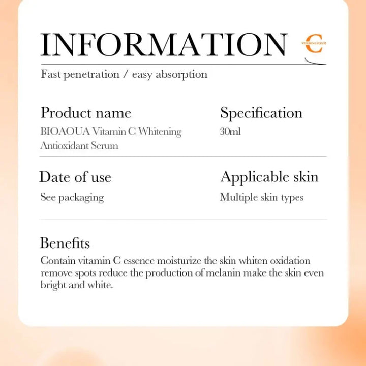 Biomova C+ Whitening Antioxidant Serum with product details on a peach background