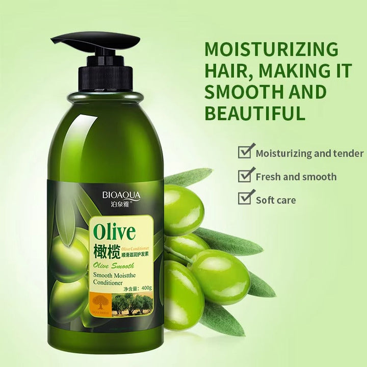 Bioaqua olive smooth conditioner bottle with green olives and leaves on a light green background