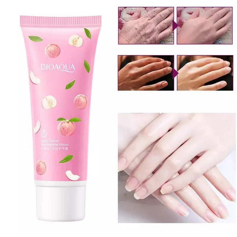 Bioaqua peach hand cream in a pink tube with images of hands showing before and after results of using the cream.