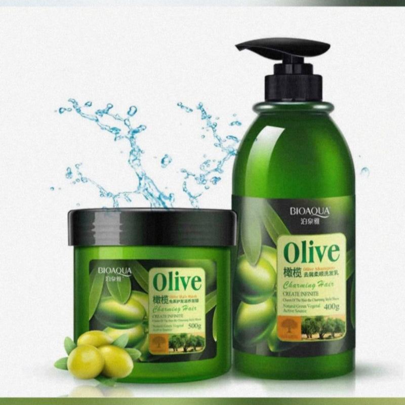 Bottles of Bioaqua Olive Shampoo and Olive Hair Mask with a splash of water graphic in the background, indicating the product's moisturizing properties.