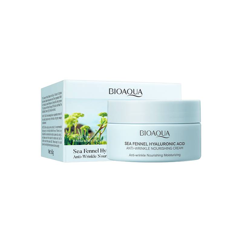 Bioaqua Sea Fennel Hyaluronic Acid Anti-Wrinkle Face Cream packaging and product container, 60g size.