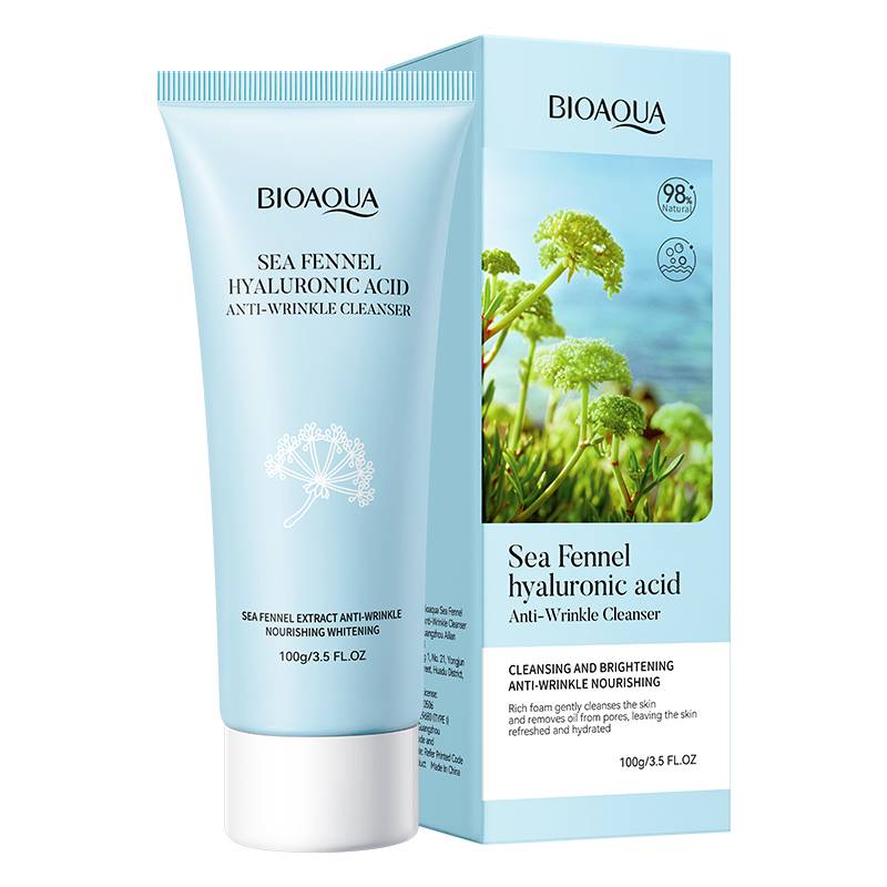 Bioaqua Sea Fennel Hyaluronic Acid Anti-Wrinkle Cleanser packaging and tube. The packaging is light blue with a picture of sea fennel bulbs and a description of the product's benefits.
