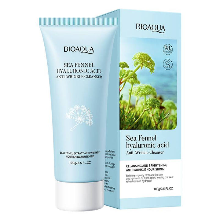Bioaqua Sea Fennel Hyaluronic Acid Anti-Wrinkle Cleanser packaging and tube. The packaging is light blue with a picture of sea fennel bulbs and a description of the product's benefits.