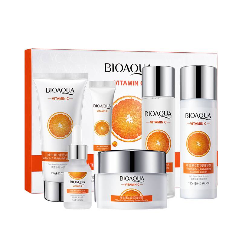 A gift box set of Bioaqua Vitamin C skincare products, including cleanser, toner, lotion, eye cream, essence, and cream.