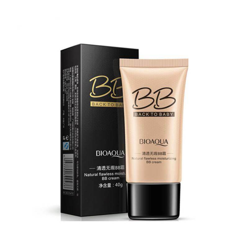 A tube of BioAqua BB cream with a warm brown color, next to its black packaging box labeled 'Back to Baby'.