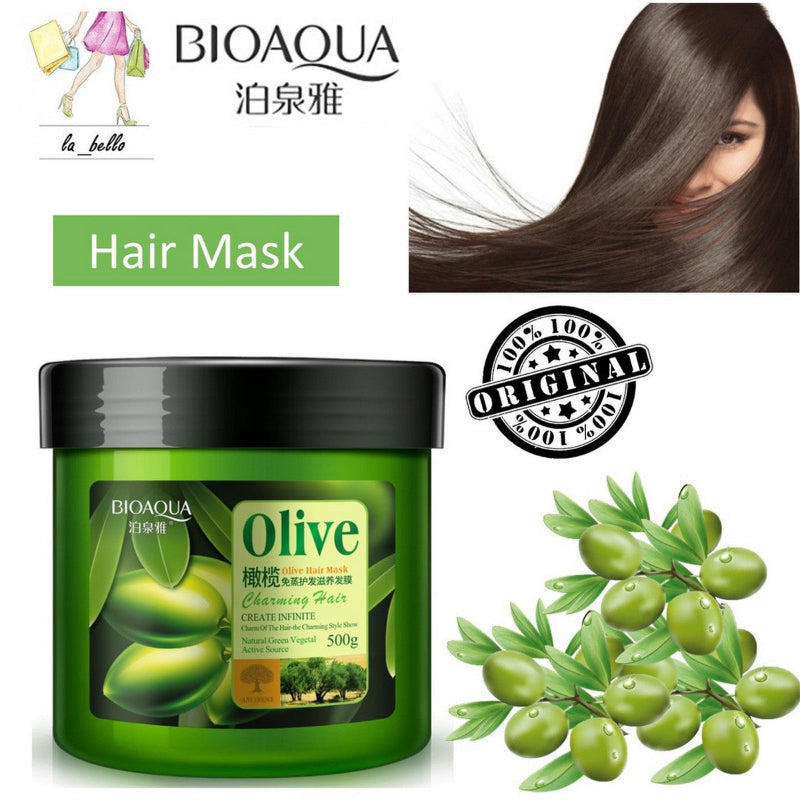 Bioaqua Olive hair mask jar with olive leaves and a woman with long hair on a white background