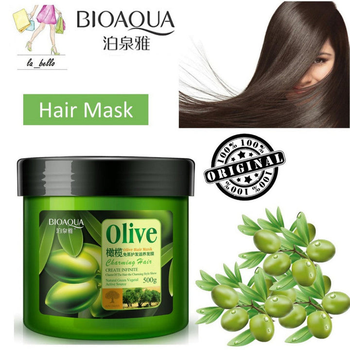 Bioaqua Olive hair mask jar with olive leaves and a woman with long hair on a white background