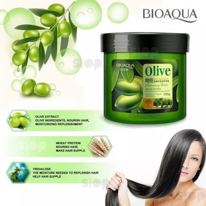 Bioaqua Olive hair care product with olive leaves and a woman with long hair on a white background