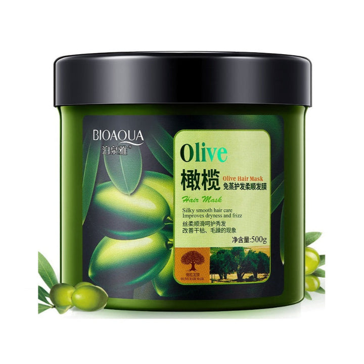 A container of BIOAQUA Olive Hair Keratin Hair Mask, predominantly green in color with images of olives and olive oil, and text detailing the product type and size.
