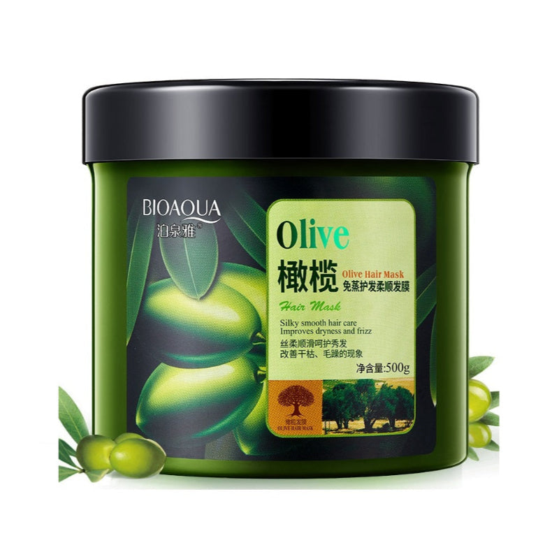 A container of BIOAQUA Olive Hair Keratin Hair Mask, predominantly green in color with images of olives and olive oil, and text detailing the product type and size.