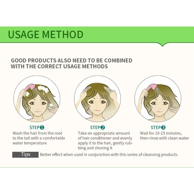 Usage method instructions for hair care product with step-by-step illustrations and text.