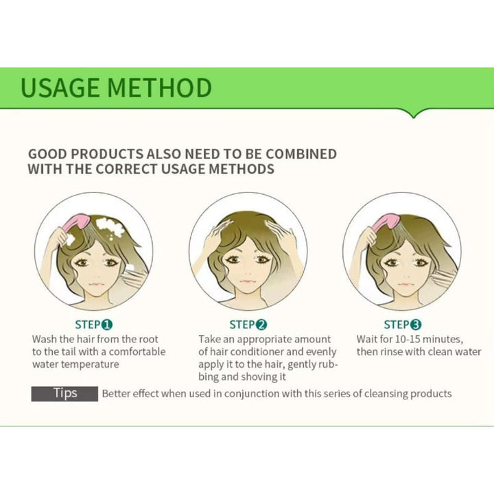 Usage method instructions for hair care product with step-by-step illustrations and text.