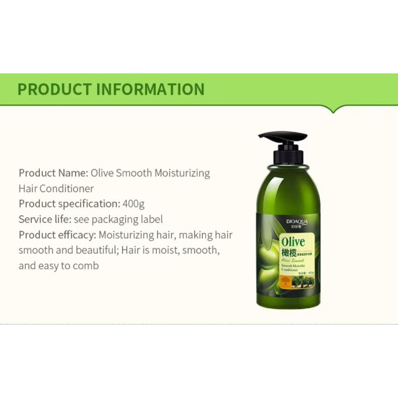 Olive smooth moisturizing hair conditioner bottle with product information text.