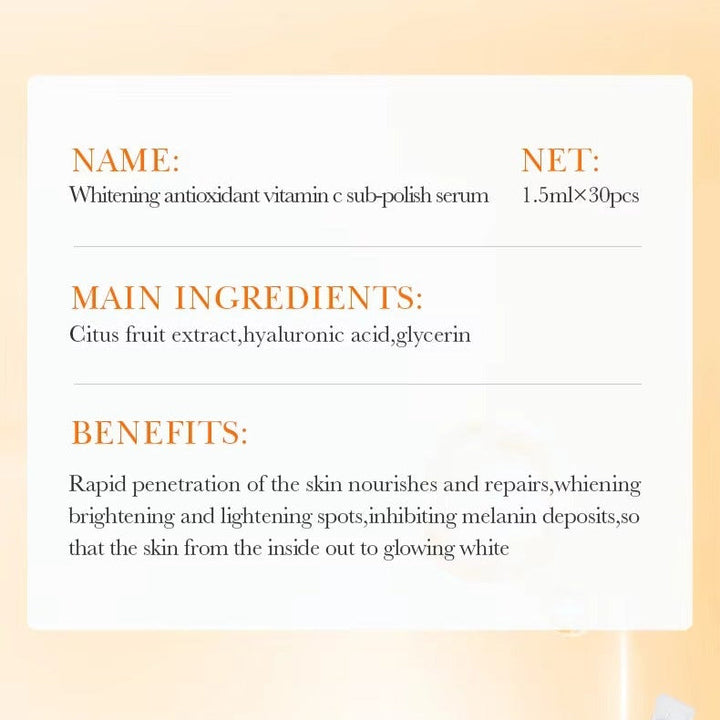 Product label for a whitening antioxidant vitamin C serum with details on name, net quantity, ingredients, and benefits.