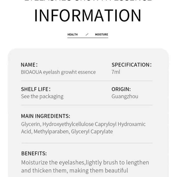 Product information card for BIOAOUA eyelash growth essence including name, specification, shelf life, origin, ingredients, and benefits.