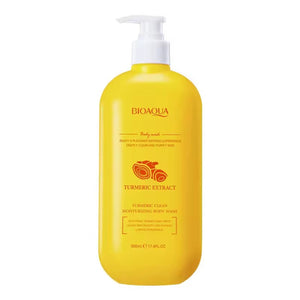 Yellow bottle of Bioaqua Turmeric Extract body wash on a white background