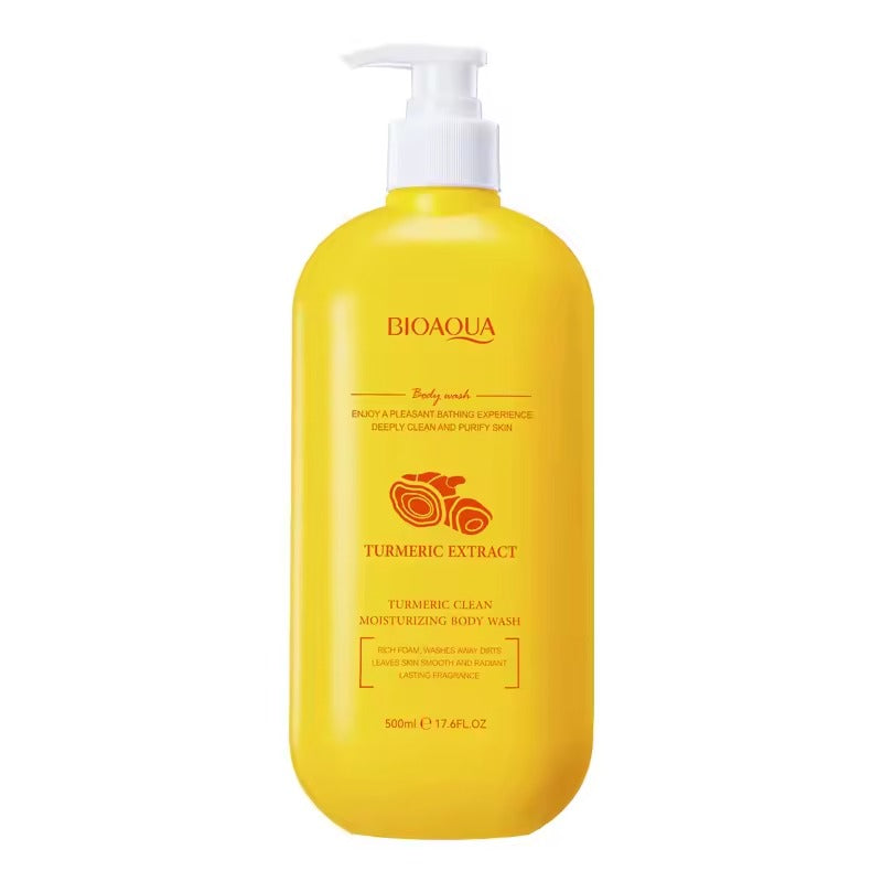 Yellow bottle of Bioaqua Turmeric Extract body wash on a white background