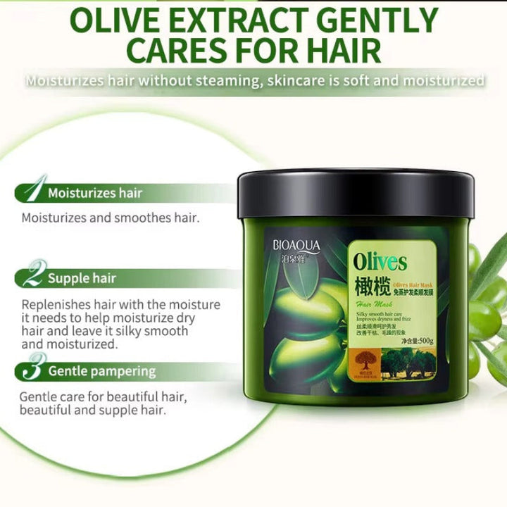 Bioaqua Olives hair mask jar with olive extract benefits on a white background
