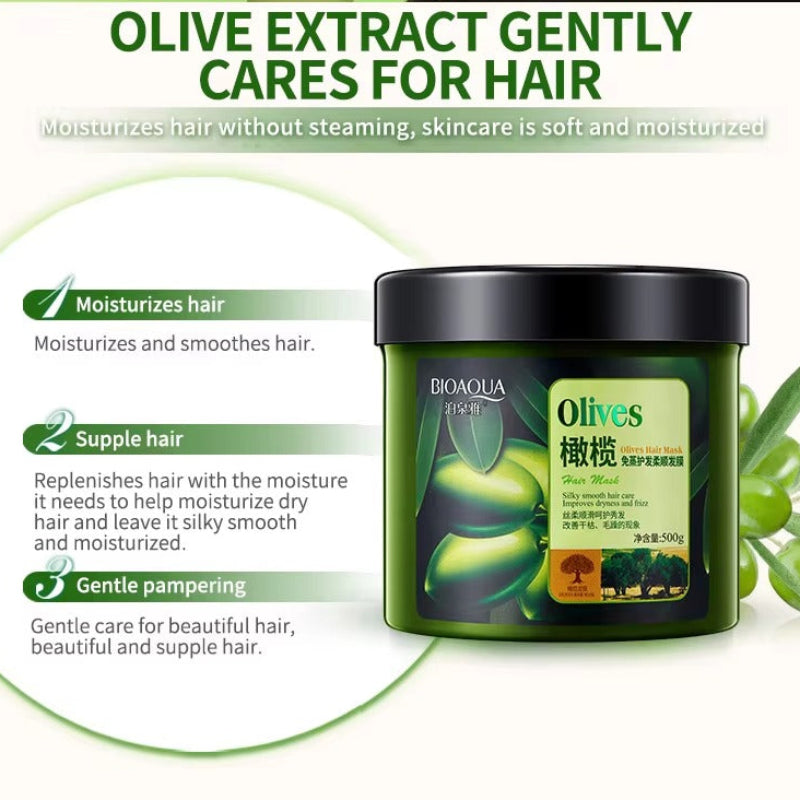 Bioaqua Olives hair mask jar with olive extract benefits on a white background